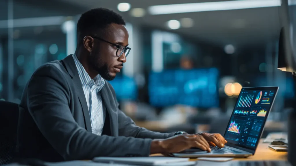 Professionnel analysant des tableaux de bord de données sur un ordinateur portable dans un bureau moderne