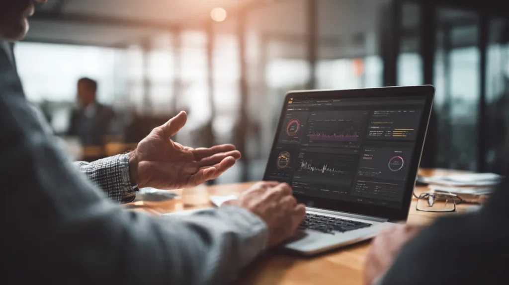 Consultant en cybersécurité expliquant l’analyse des risques cyber à un dirigeant de PME à l’aide de tableaux de bord de sécurité