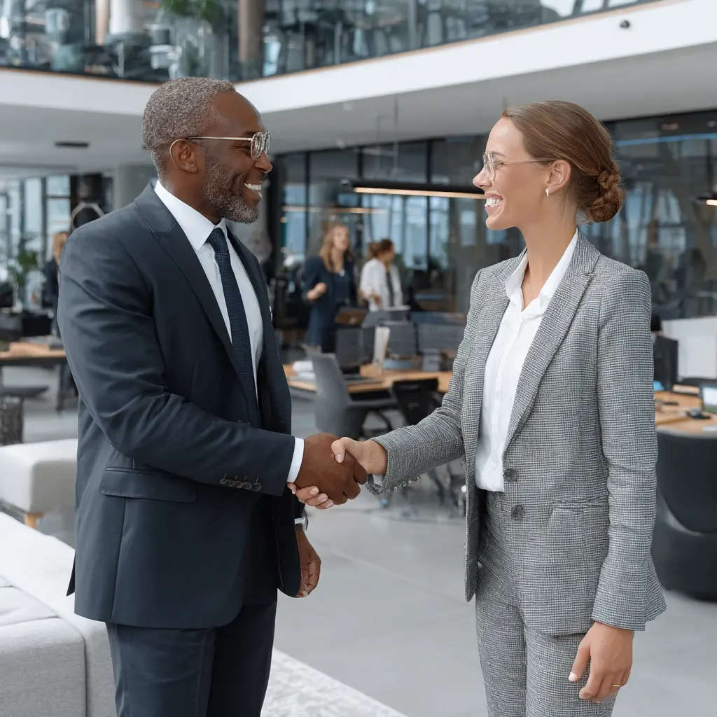 Poignée de main professionnelle entre un consultant en technologies de l’information et cybersécurité et une cliente représentant un partenariat pour l’implantation TI sécurisée