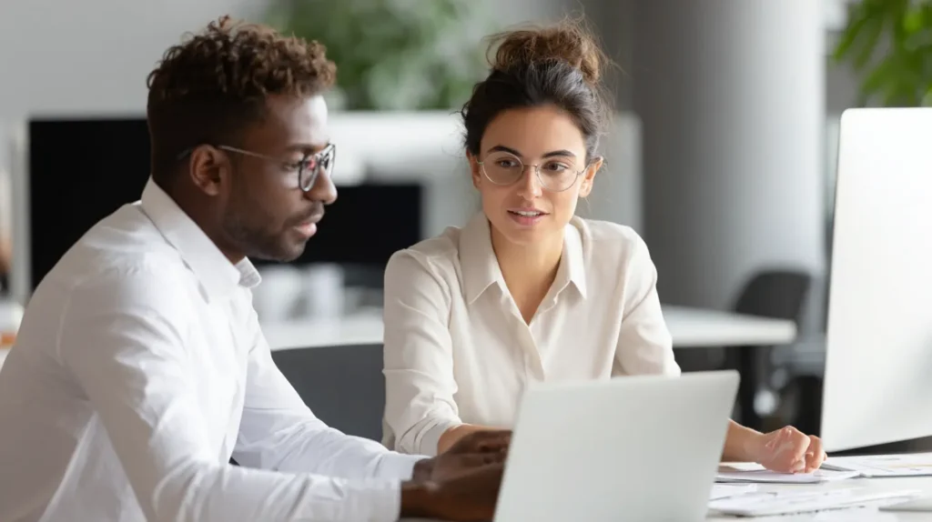 Consultant en technologies de l’information discutant de la gestion de l’infrastructure et des services TI avec un client PME